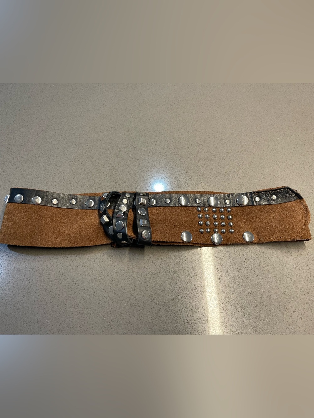Wide Brown Suede Women’s Belt with Black Studded Leather Straps Size Medium